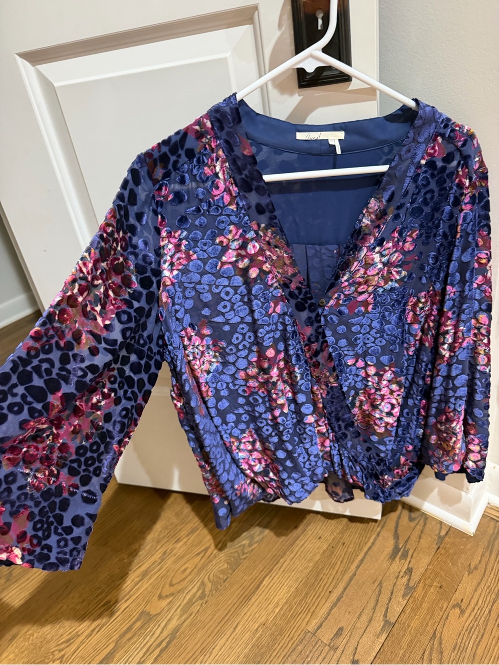 Floreat Navy Blue Floral Velvet Burnout Wrap Blouse